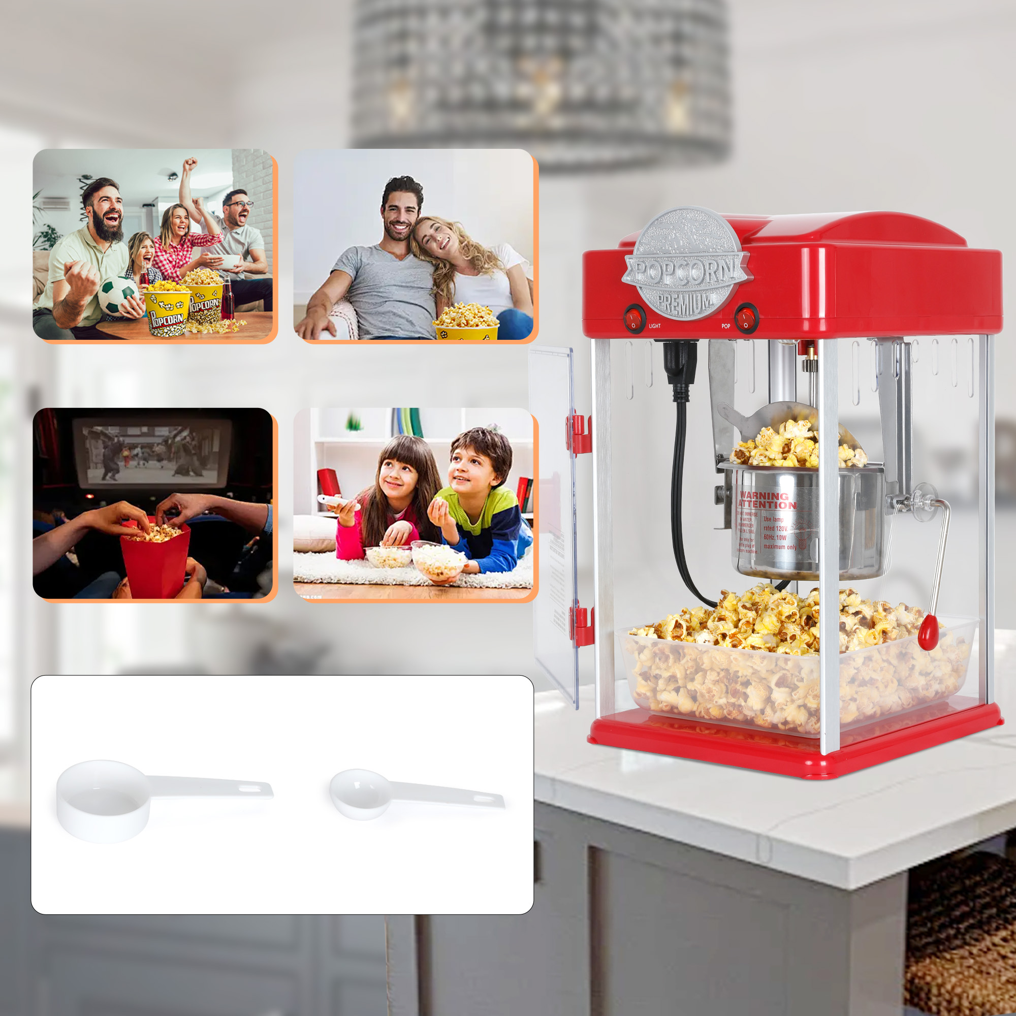 Yoneston 6 oz Commercial Popcorn Machine, 600W Countertop Popcorn Maker, Container Produces 2 Gallon per Cycle, Comes with 3 Ladles, Red