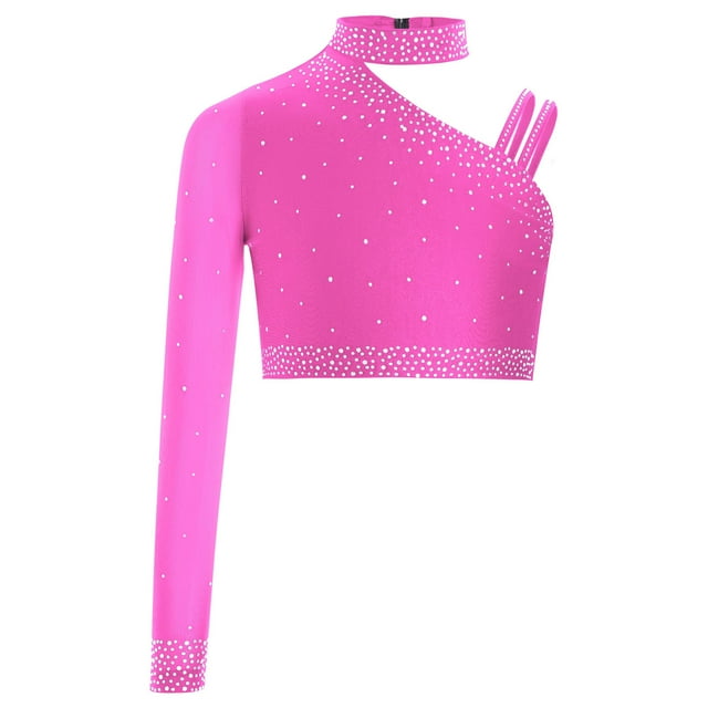 inlzdz Kids Girls Rhinestones Dance Crop Tops Unique Irregular Shoulder Blouse Jazz Ballet Dance Hot Pink 10