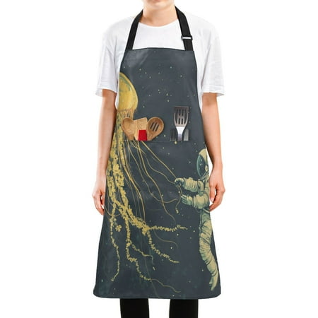 

WOBOGO Jellyfish and Astronaut Long Apron Waterdrop Resistant with 2 Pockets Cooking Kitchen Chef Apron for Women Men