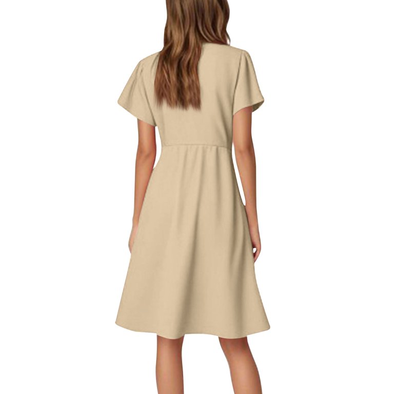 UOCEFIK Women's Ruffle Short Sleeve Deep V Neck A Line Swing Flared Cocktail Party Midi Dress Khaki M, Size: Medium