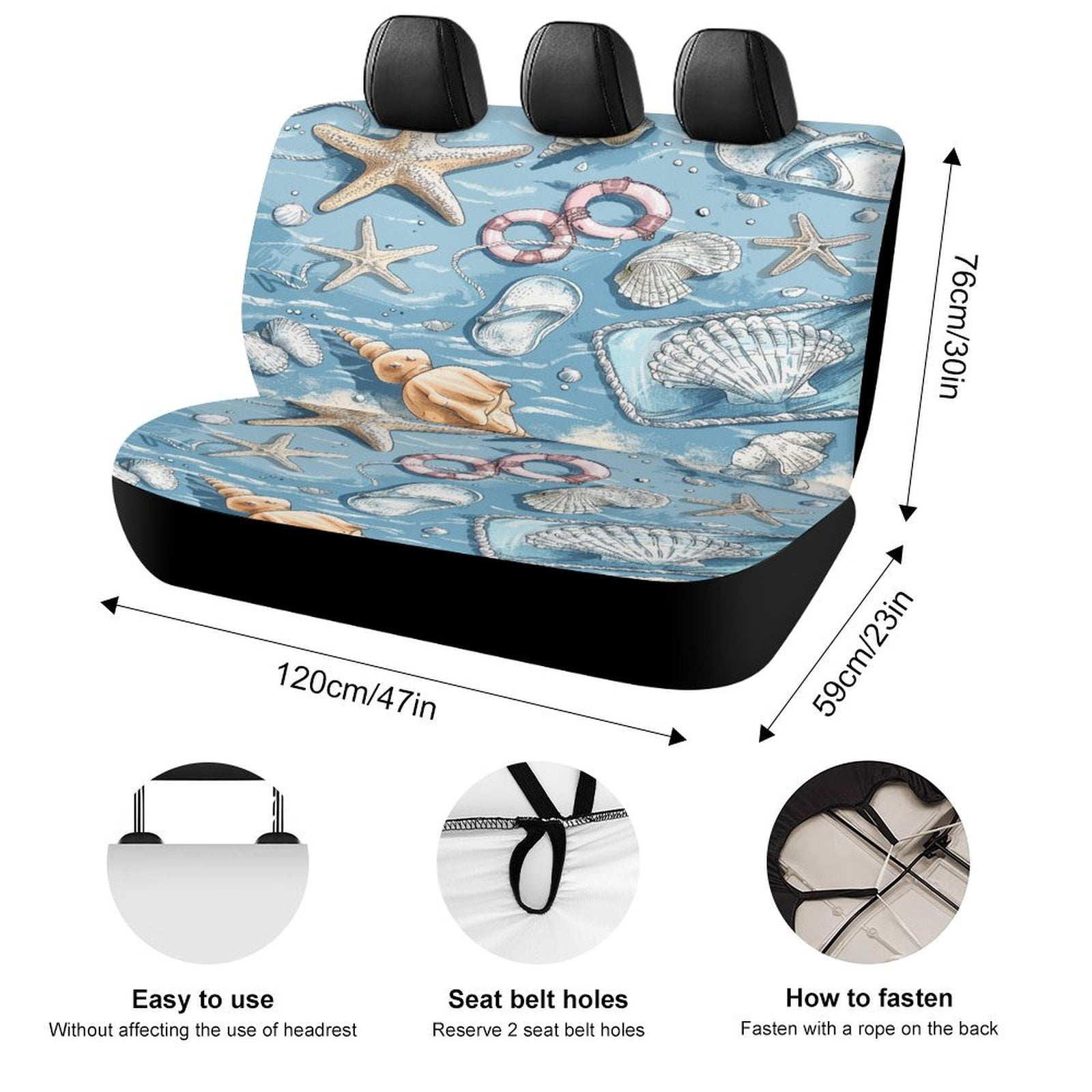 Beach Seashell Starfish Rear Seat Covers, Car Backseat Protector, Universal Back Seat Vehicle Interior Protector, Fits Most Cars, SUVs, Sedans, Trucks