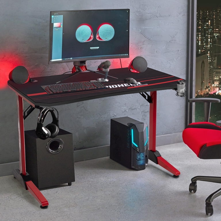 フォルミオ　デスク（レッド）&ドロワー Lacoo 43 Inches Gaming Desk T-Shaped Metal Frame Gaming Desk with