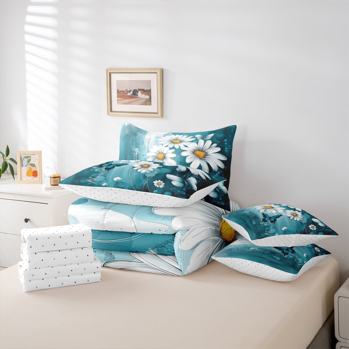 Homewish Blue Country Butterfly 7 Pieces Bedding Comforter Set,Oil Painting Daisy Full Bedding Set,Modern Aesthetic Artistic Fitted Sheet Flat Sheet For Kids,Ultra Soft Home Decor Reversible