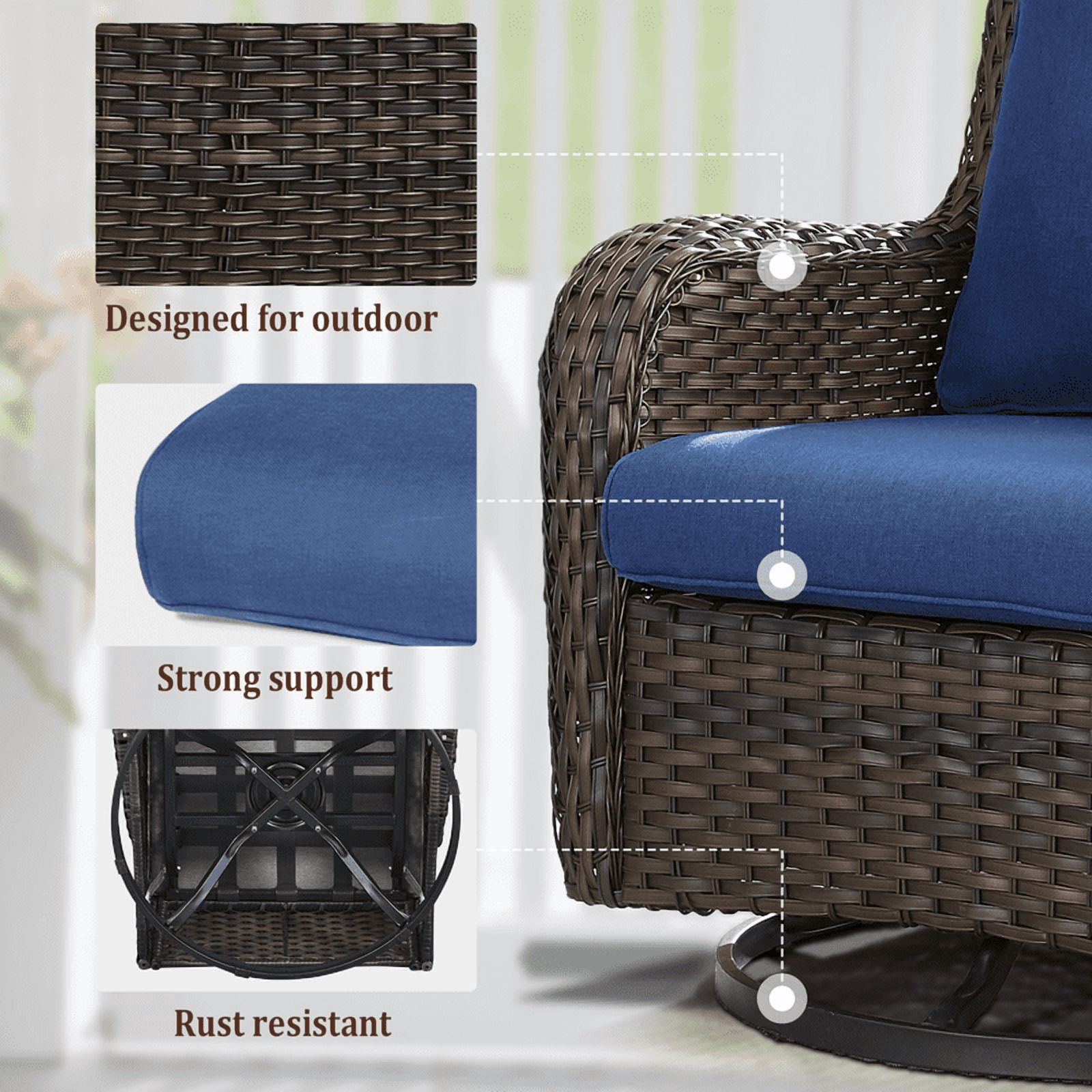 6 Piece Patio Furniture Set with 41" Fire Pit Table, Outdoor All Weather Wicker Rattan Furniture with Swivel Rocking Chairs, Ottomans and 3-Seat Sofa for Backyard Balcony Deck, Blue/Brown