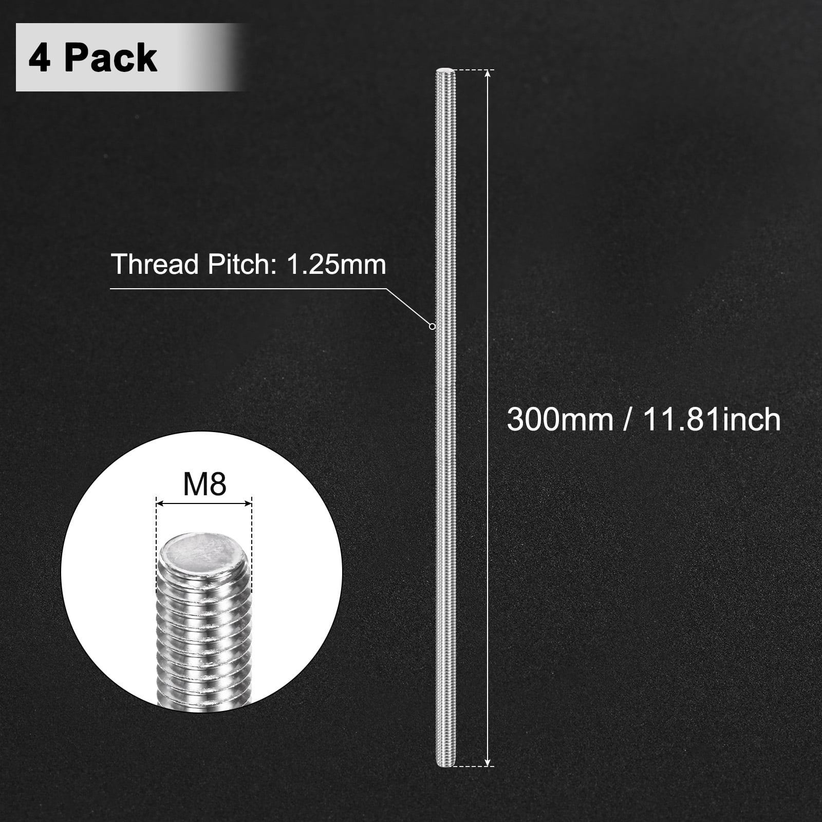 Uxcell 4-Pack Fully Threaded Rod, M8x300mm 304 Stainless Steel Right Hand Thread Bar Studs