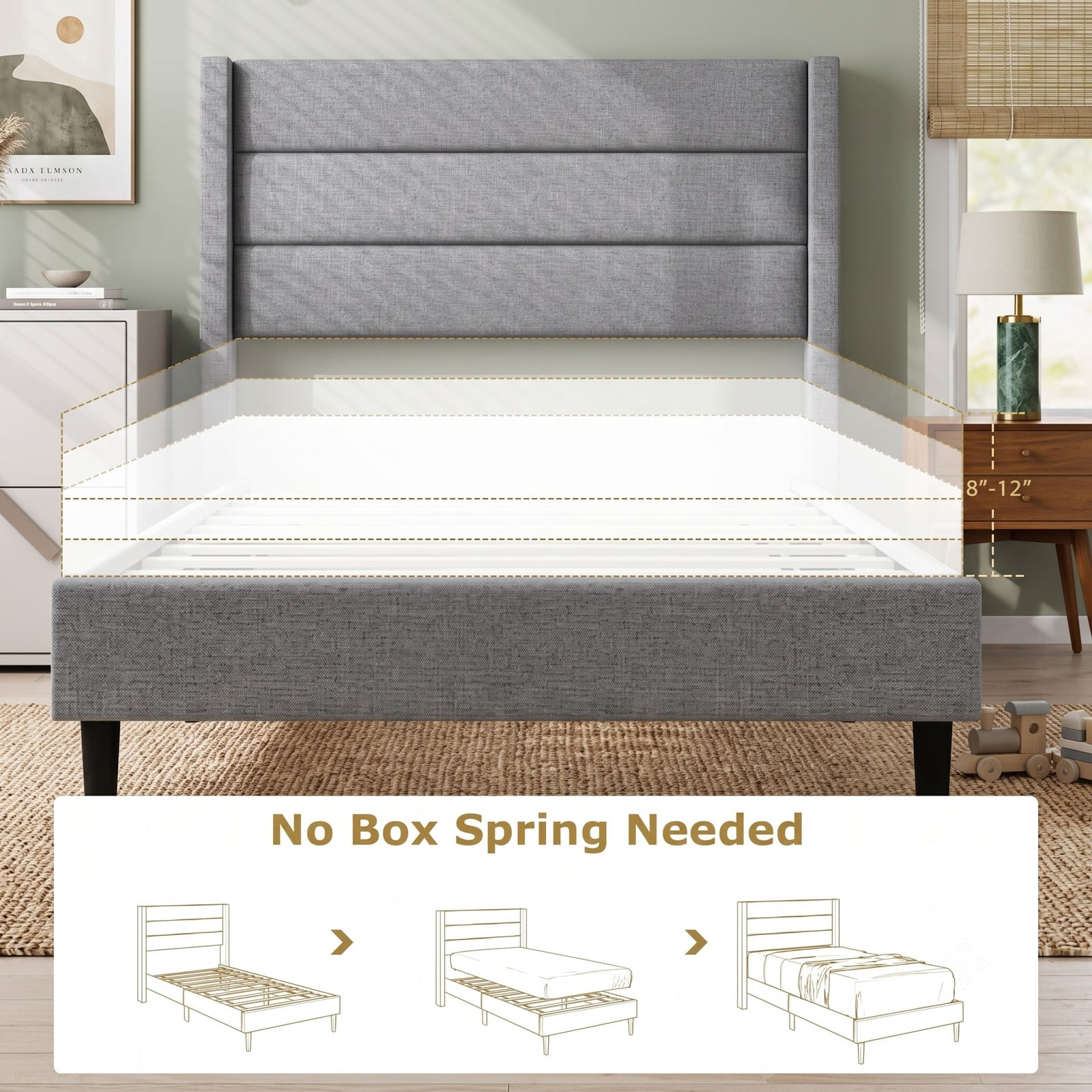 Furnibear Twin Bed Frame Linen Upholstered Platform Bed with Wingback Channel Headboard, Wood Slat Support No Box Spring Needed, Gray