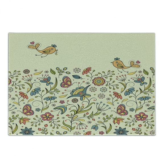 Flowers Cutting Board, Flourishing Spring Meadow Ornate Nature Romantic Birds Butterflies Leaves, Decorative Tempered Glass Cutting and Serving Board, Small Size, Multicolor, by Ambesonne