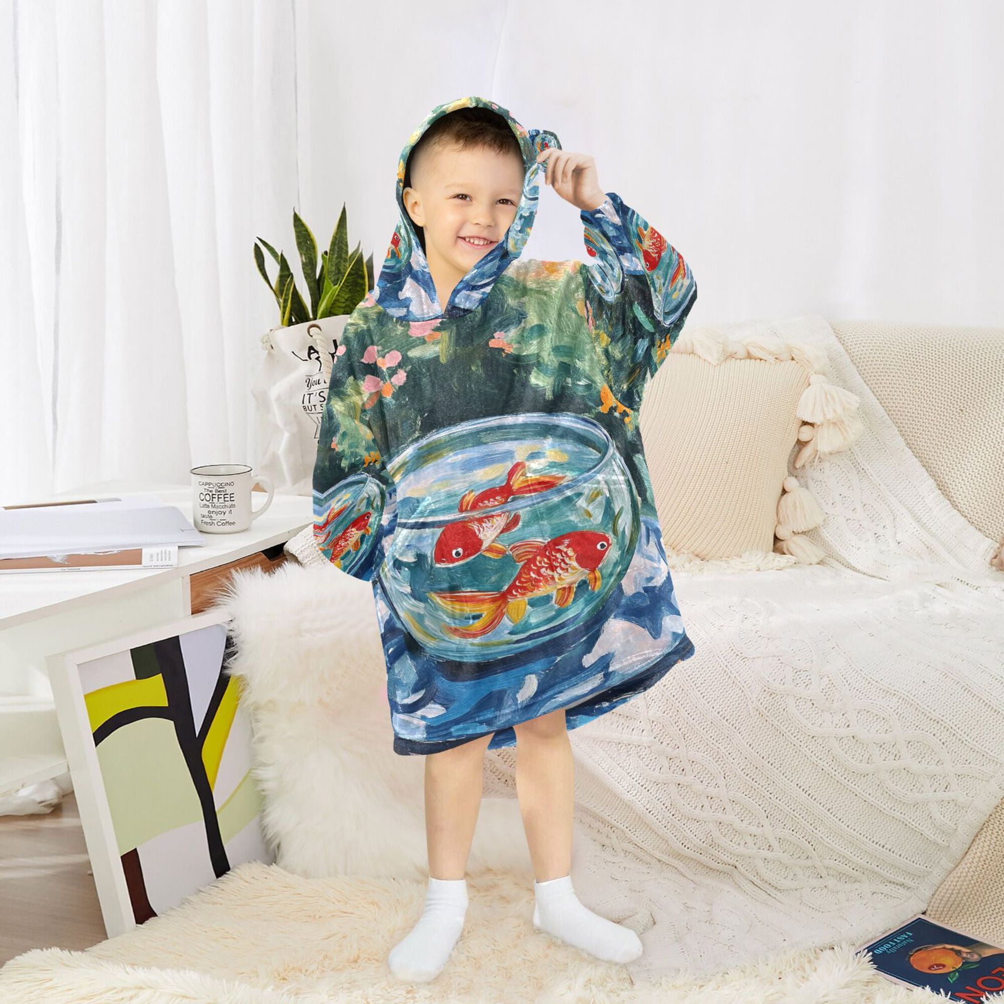 FORMRS Wearable Blanket Hoodie with Sleeves for Kids Cozy Flannel Sweatshirt, Red Goldfish