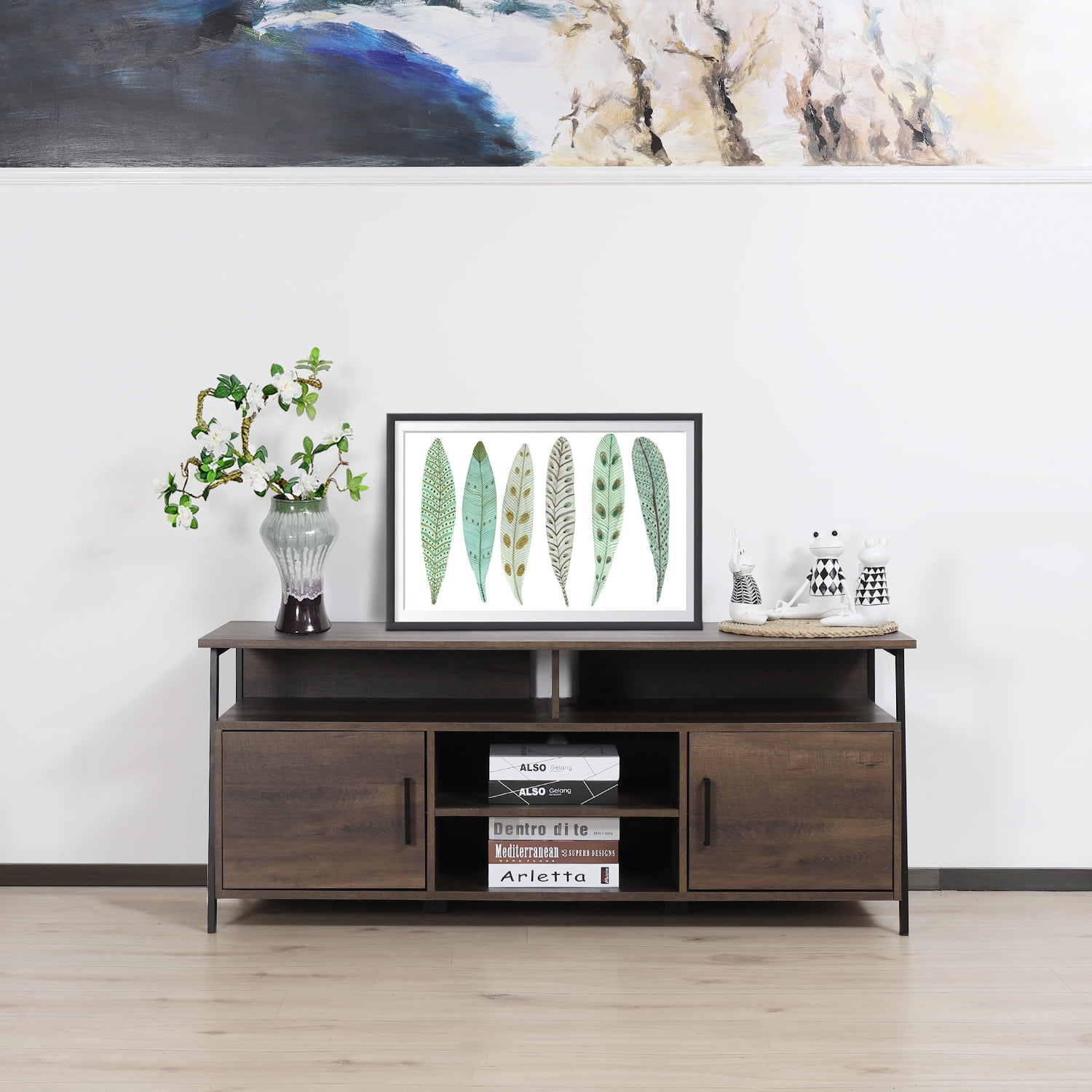 Caffoz 58" Home Entertainment Center Wood Media TV Stand, Smoky Oak