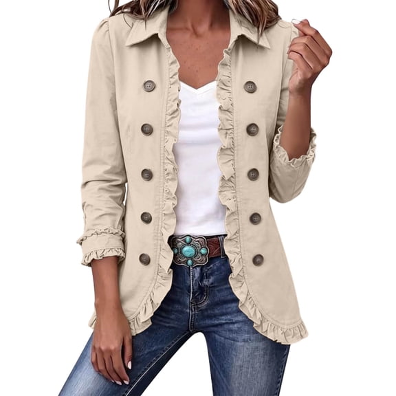 Dzrciro Jackets for Women, Long Sleeve Lapel Open Front Double Breasted Tops with Ruffle Trim, Daily Fall Work Commute Outerwear S‑3XL