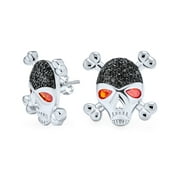 Black White CZ Red Eye Caribbean Pirate Skull Cross Bones Stud Earrings for Women for Men Silver Plated Brass