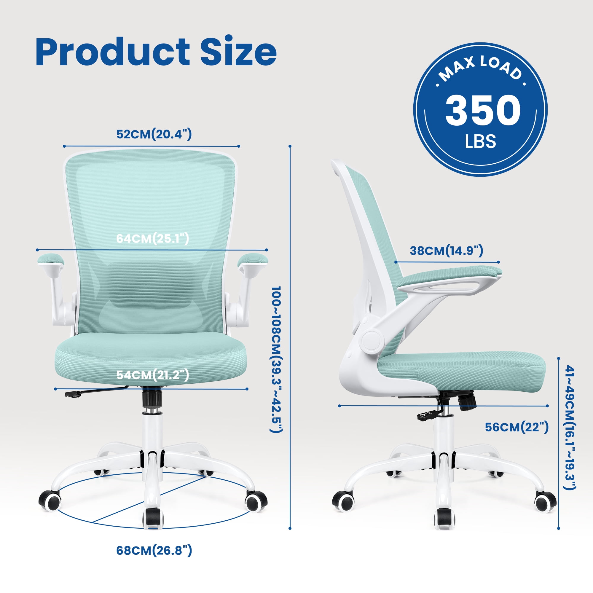 COOLHUT Office Chair, Ergonomic Office Chair, Comfort Home Office Task Chair, Lumbar Support Computer Chair with Flip-up Arms and Adjustable Height, 350LBS, Light Blue