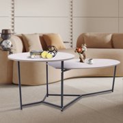2IN1 Modern Simple Coffee Table Particleboard Sofa Table Living Room Furniture 150 lbs Heavy Duty Marbling Oval Coffee Table w/ Small Round Coffee Table Coffee Table