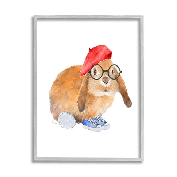 Stupell Indtries Chic Bunny Rabbit Red Beret Hat Round Glasses,24 x 30,Design by Lanie Loreth