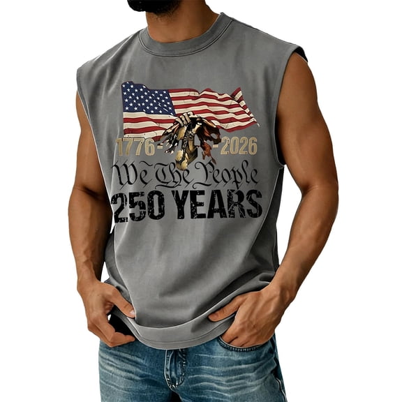 Mens 250th Anniversary USA Tank Tops Loose Crew Neck Red White and Blue Print Shirts Sleeveless Independence Day Patriotic 4th of July Celebration Party Tees, XL