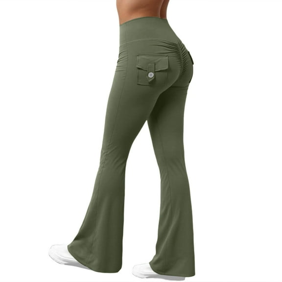 Women Workout Flare Leggings with Pockets Hidden Scrunch High Waisted Cargo Gym Yoga No Front Seam Leggings Gyujnb,Size:L