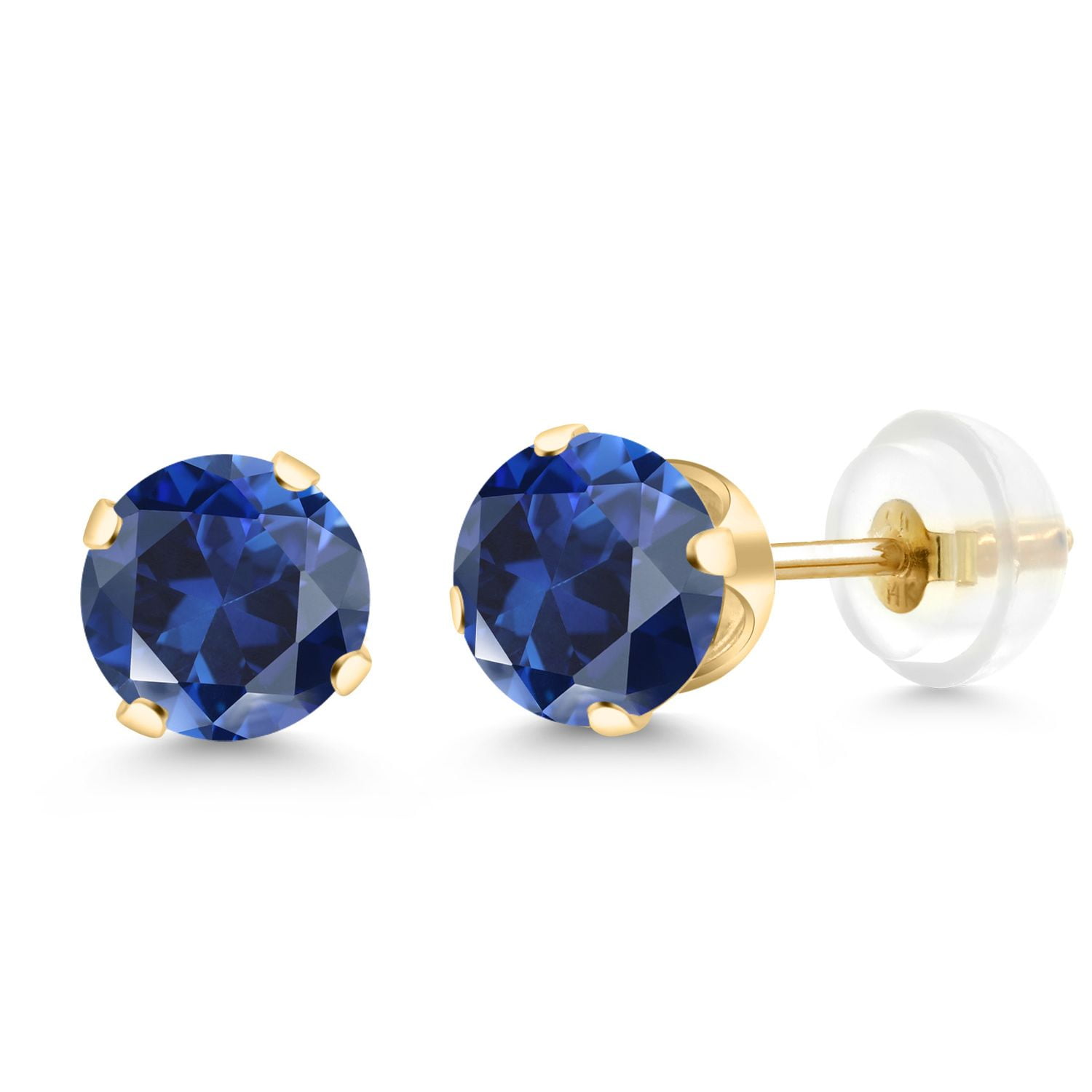 Gem Stone King 14K Yellow Gold Blue Created Sapphire Stud Earrings for Women Men (2.00 Cttw, Round 6MM)
