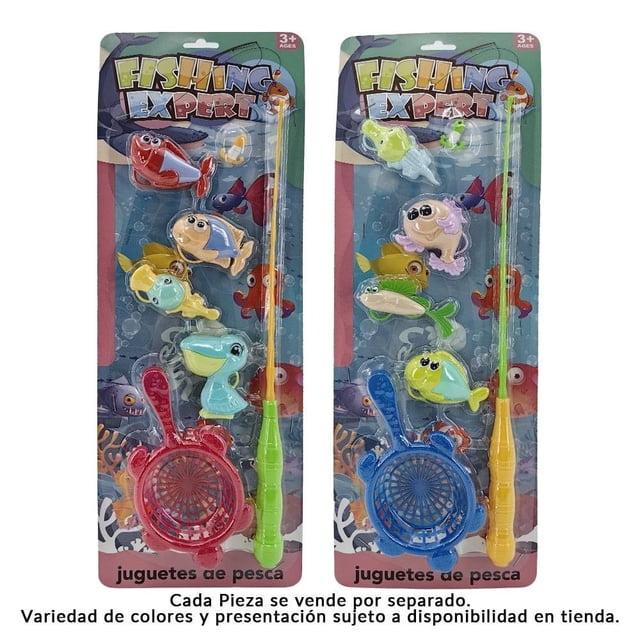 juego de pesca prichos varios modelos 1 pieza Blister frontal con caña de plástico y red manual más cuatro peces de juguete de colores vivos con ojos dibujados; juguete de imitación práctico y fácil de usar, a menudo usado para practicar coordinación mano-ojo y como regalo.
