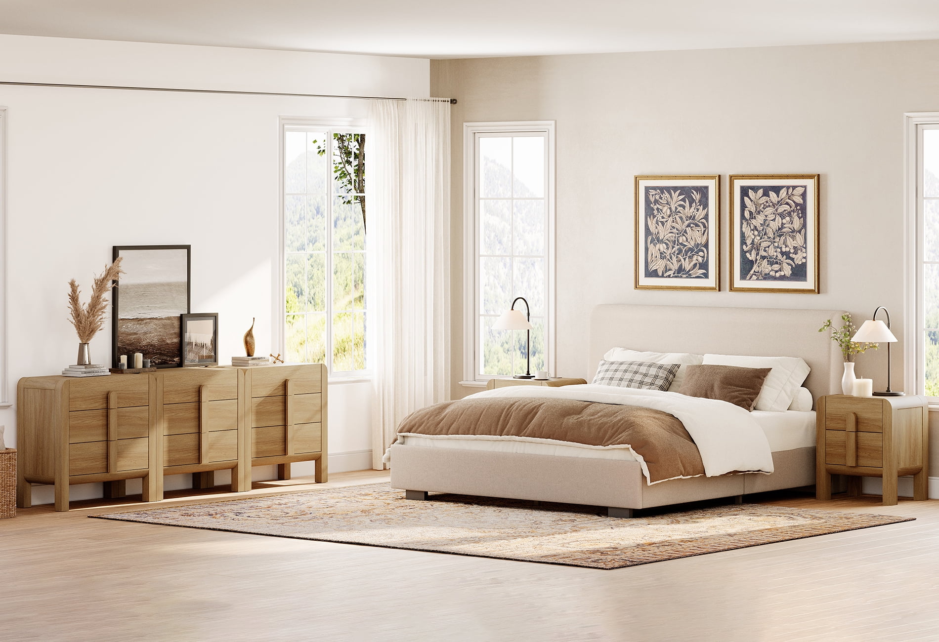 9 Drawer Dresser and Nightstand Sets for Bedroom, 5 Pcs Bedroom Set，Night Stand Set of 2, 9 Drawer Dresser with Curved Profile Design, Wood Chest of Drawers Mid Century Storage Cabinet Set