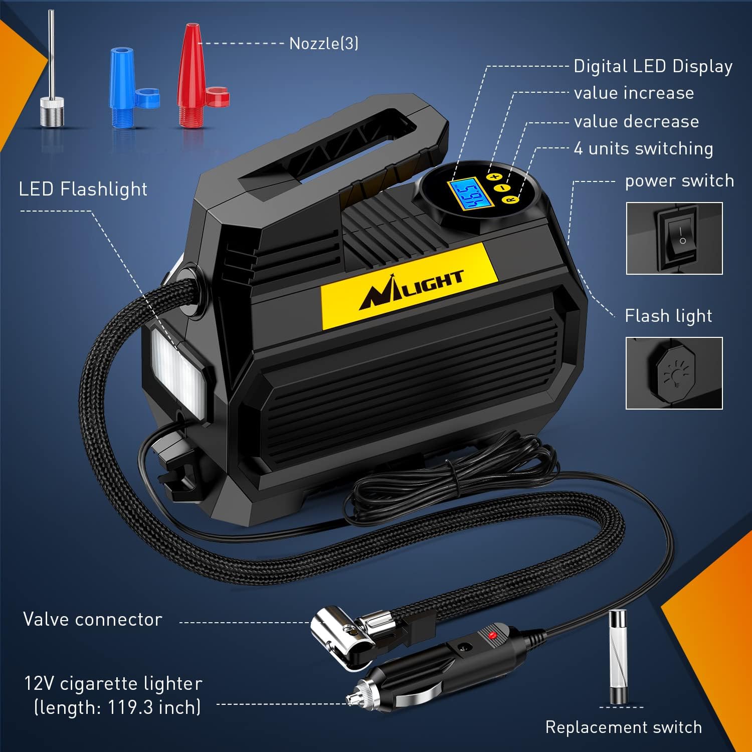 Nilight Tire Inflator Air Compressor Portable Air Pump for 12V DC Car Tires with Digital Pressure Gauge 150PSI Auto Tire Pump with LED Light for Cars ATVs Bicycles