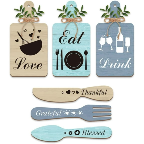 6 Pcs Eat Sign with Fork and Spoon Grateful Thankful Blessed Kitchen Decor Kitchen Sign Eat Drink Love Wooden Cutting Board Sign Set for Kitchen Dining Room Wall Decor