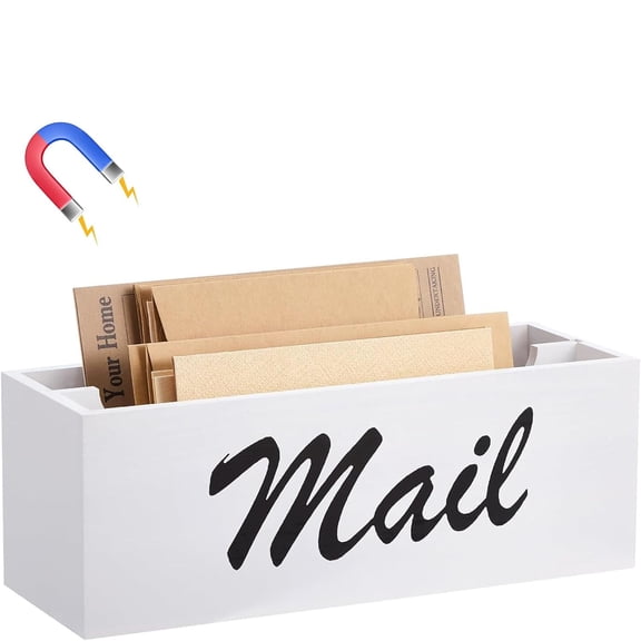 HBMYN Wood Magnetic Mail Organizer Farmhouse Mail Holder for Fridge Rustic Paper Basket Letter Envelope File Storage Box with 2 Slot for Home Office Metal Cabinet Wall Desk Countertop(White)