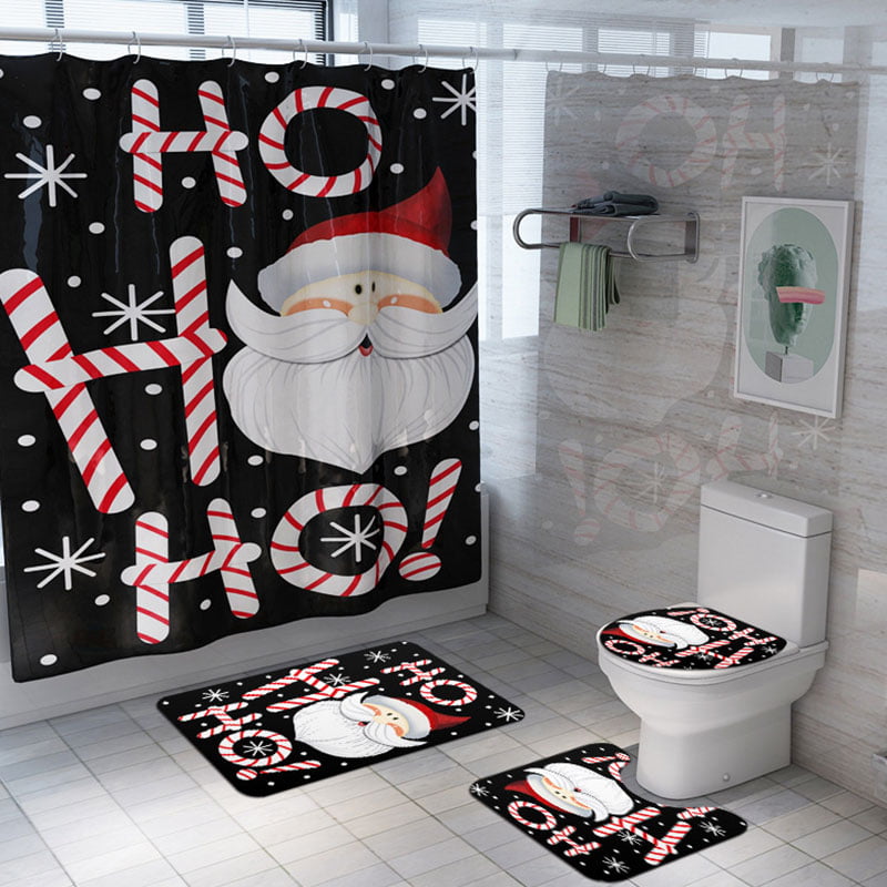 Christmas Shower Curtain With 3Pcs Toilet Cover Mats Non-Slip Rugs Sets ...