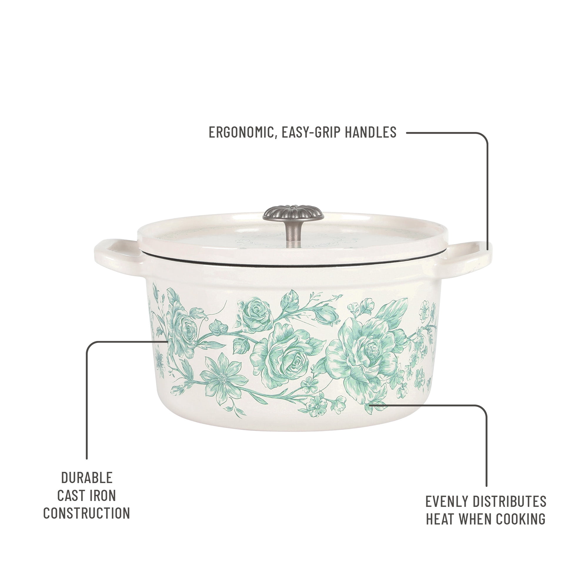 The Pioneer Woman Agatha Enameled Cast Iron 5-Quart Dutch Oven, Green Floral