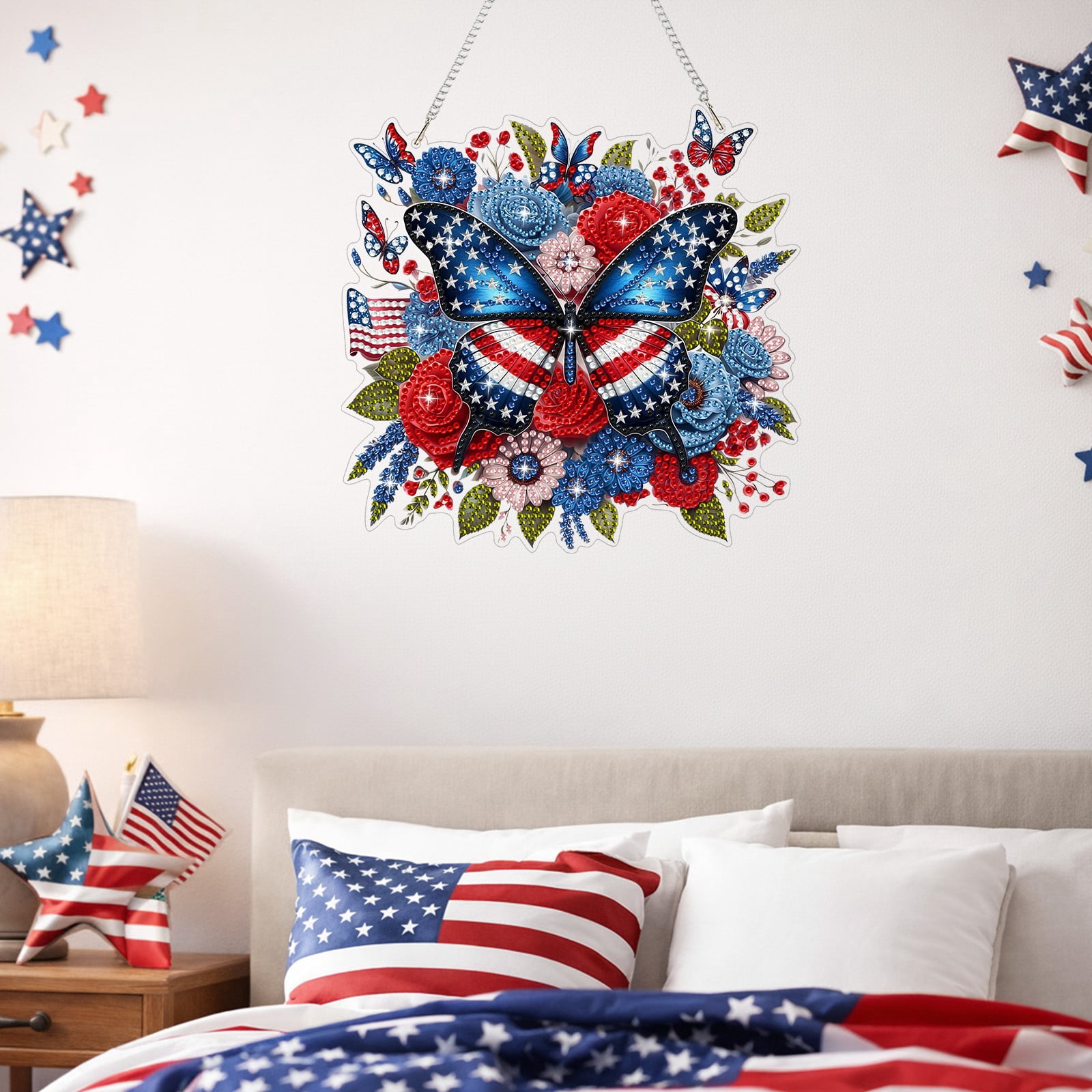 FLOPESN  DIY Diamond Art Kits, American Independence Day USA Butterfly Style, 8.27*8.27in Diamond Painting Pendant, Creative Design Wall Decor