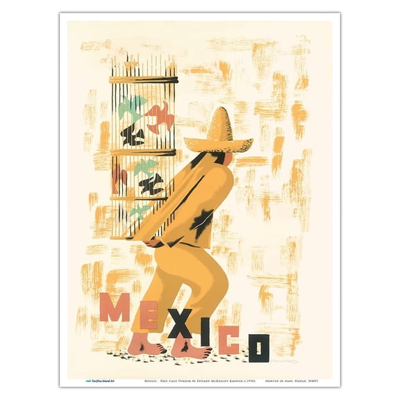Mexico - Vendor with Bird Cage - Vintage Airline Travel Poster by Edward McKnight Kauffer c.1950s - Master Art Print (Unframed) 9in x 12in