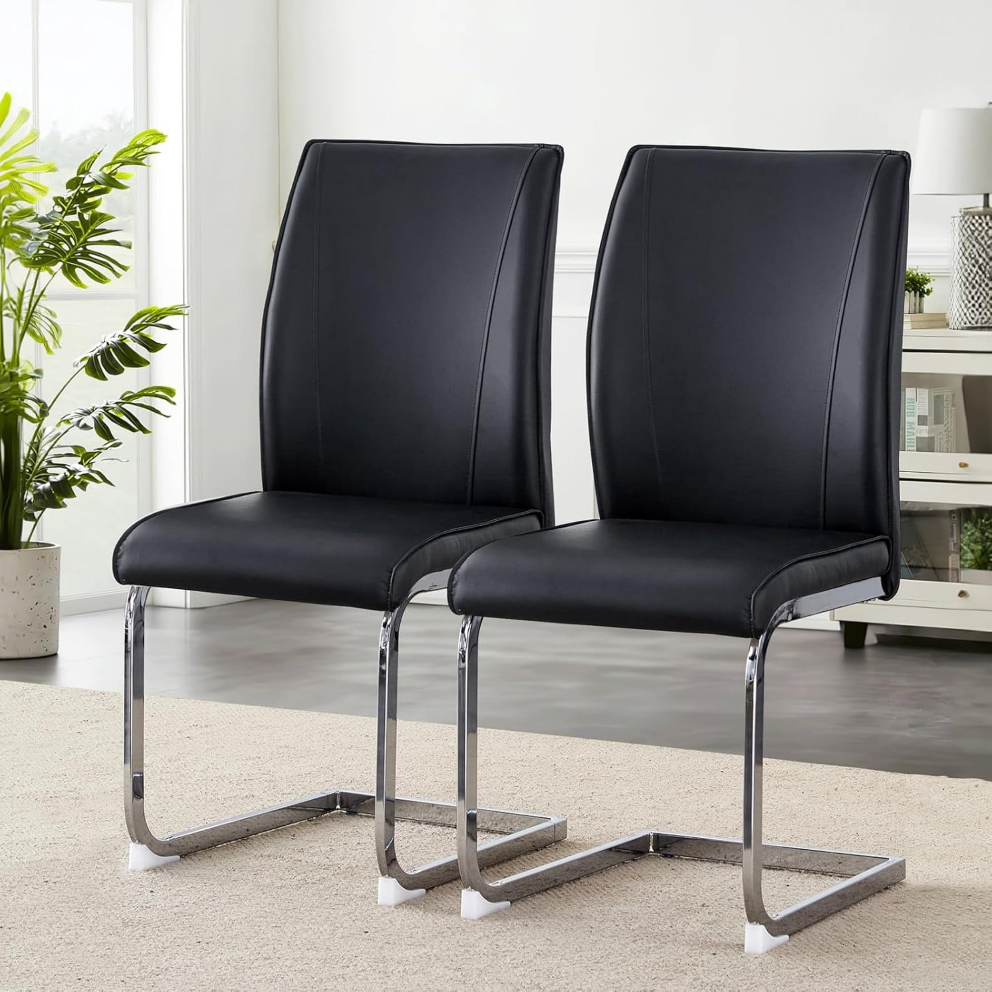 SUDICA Set of 4 Black PU Leather Dining Chairs, Modern High Back Upholstered Chairs with Chrome Metal Legs for Dining Room and Kitchen