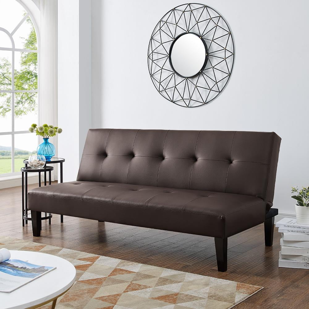 Button Tufted Futon Sofa Bed, Faux Leather Futon Couch, Modern Convertible Folding Sofa Bed Couch with Wooden Legs White