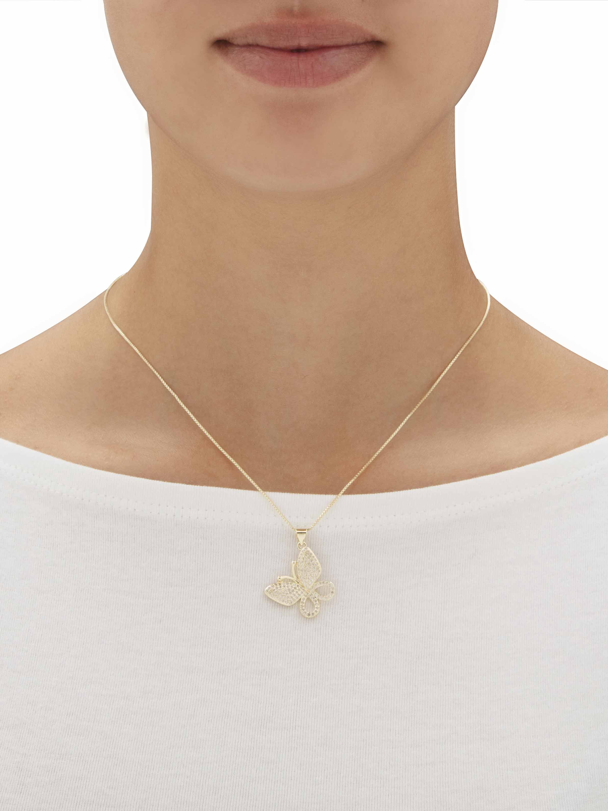 White Round Crystal Pave Butterfly Pendant Necklace 16"-18" Chain  Goldtone