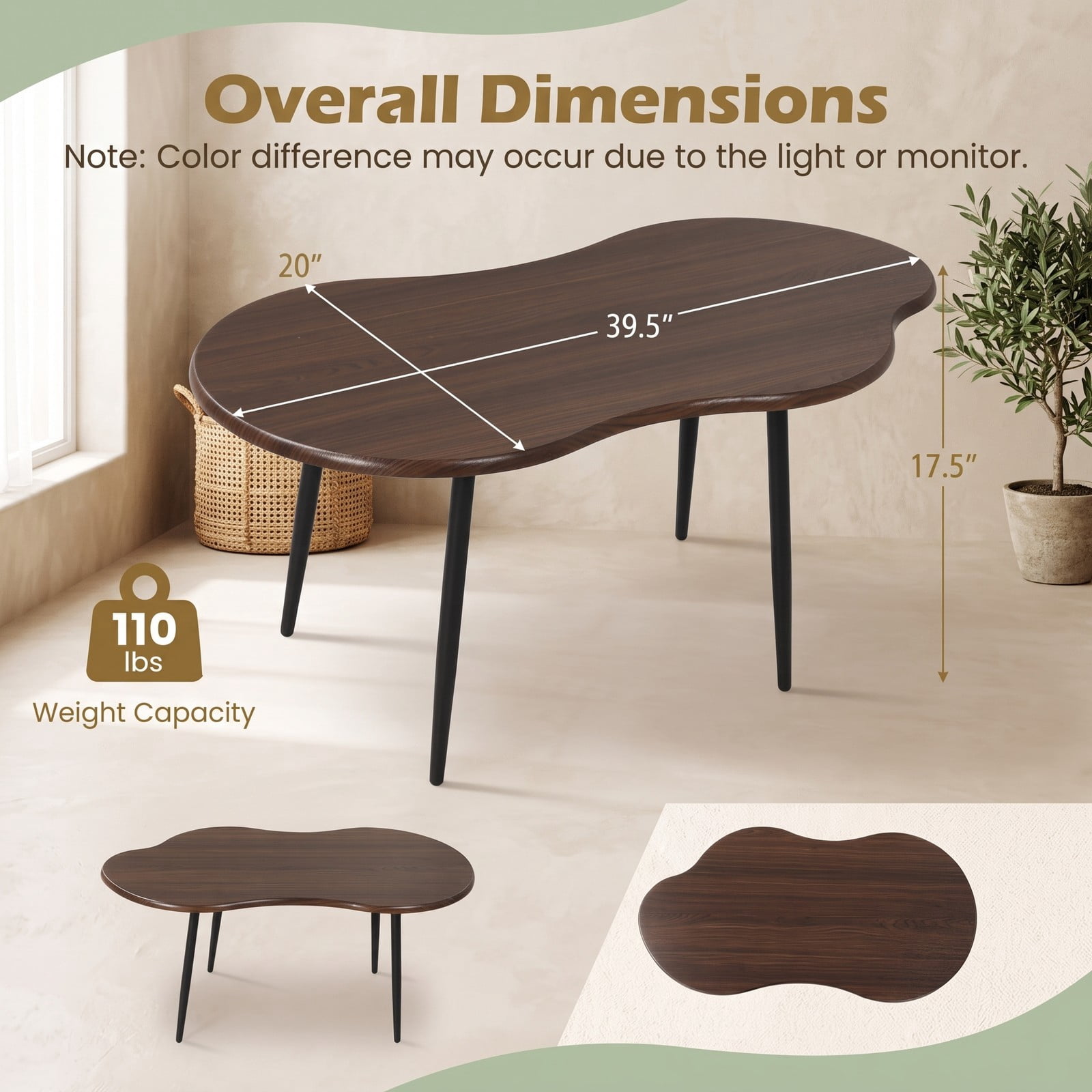 Furnibear Cloud Shape Coffee Table, 39.5 Inch Irregular Free Form Center Table with Heavy-Duty Metal Frame, Wide Wood Tabletop Accent Sofa Side Table for, Walnut