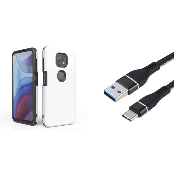 Bemz Accessory Bundle for Moto G Power (2021) Case with: Dual Shield Slim Rugged Hybrid Protective Cover, Fast Charging Sync USB-C to USB-A Cable (3 Feet) and Touch Tool - White