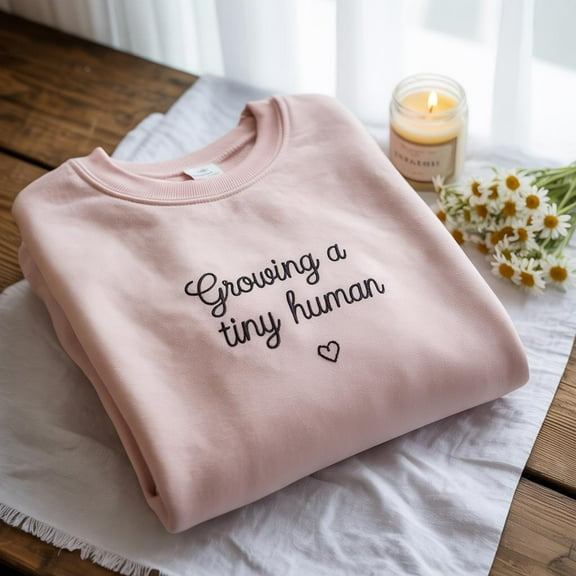 Embroidered Growing a Tiny Human Tone-On-Tone Sweatshirt, Baby Bump Embroidery Shirt, Mom to Be Tee, Christmas Pregnancy Announcement Gift