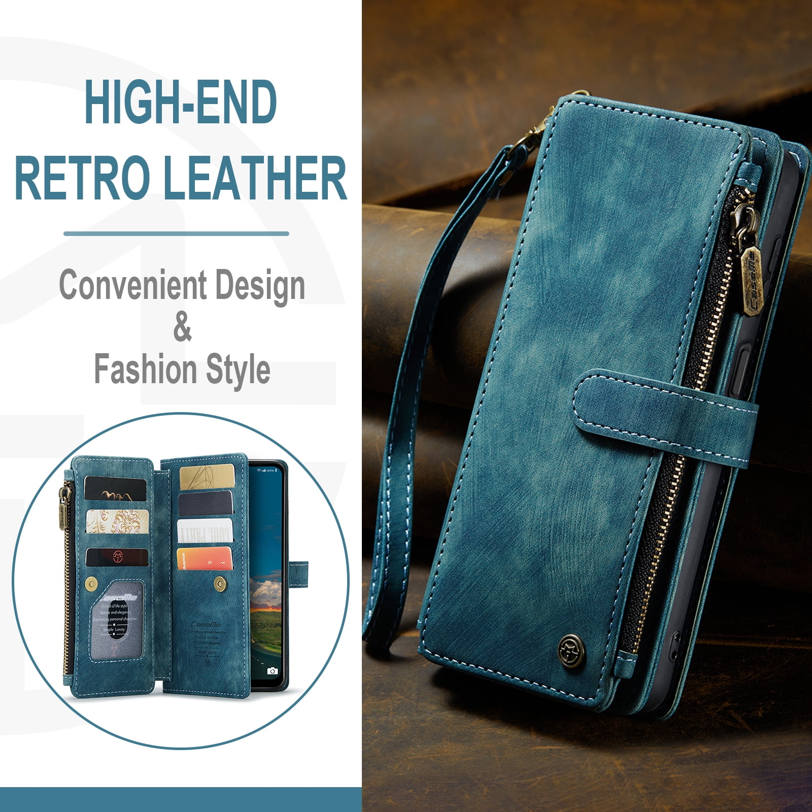 Dteck Wallet Case for Samsung Galaxy S24 Plus,Magnetic Retro Leather Case Flip Folio Zipper Purse with Card Holder Slot Kickstand Shockproof Phone Cover for Samsung Galaxy S24 Plus 5G,Blue