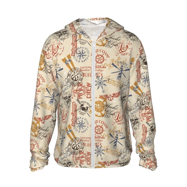 Balery Vintage Nautical Sudadera ligera de manga larga con capucha y protección solar UPF 50+ para hombre y mujer, ideal para pesca y running-Medium
