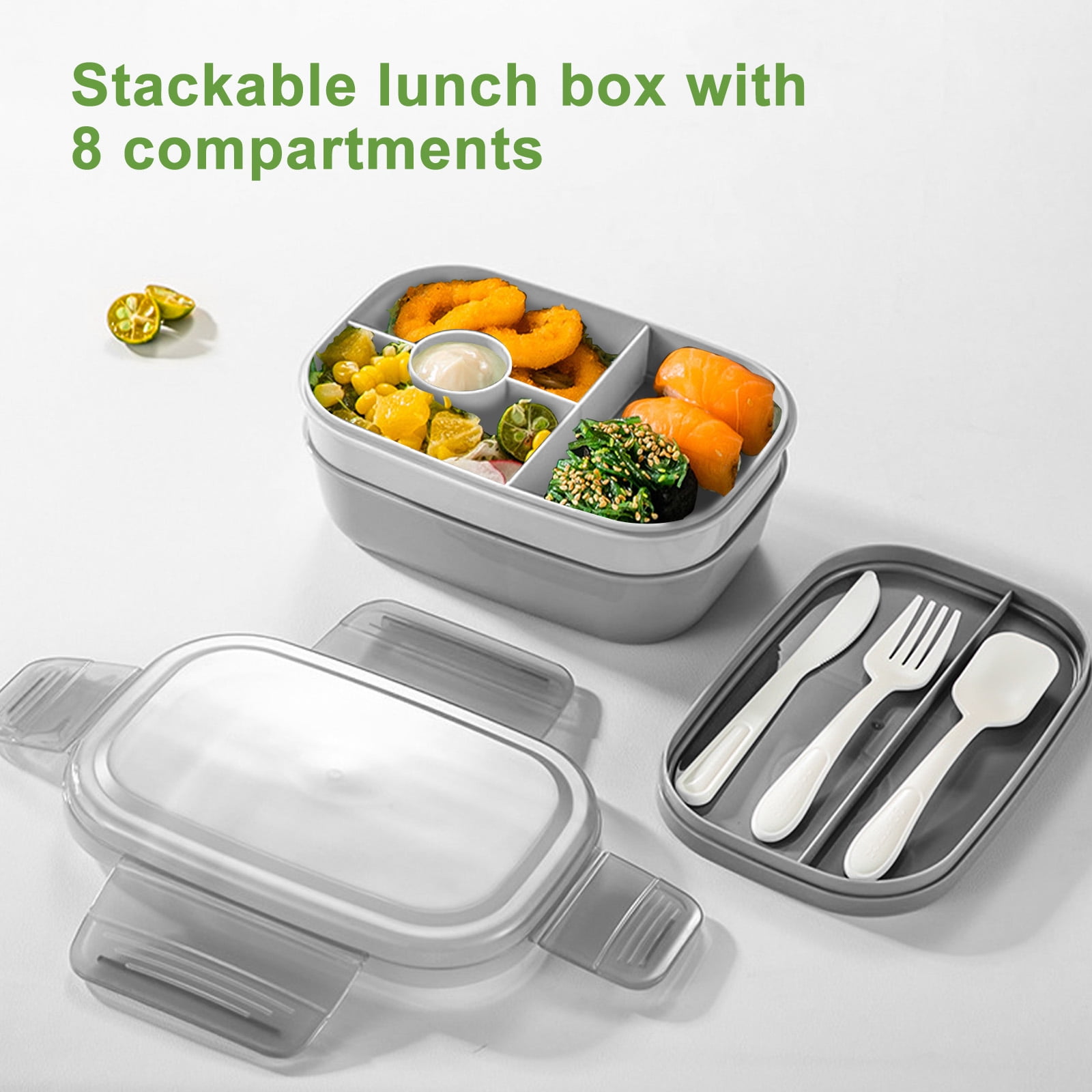 Teemars Stackable Lunch Container,Leakproof Adult Bento Lunch Box 40-oz,4-Compartment Tray,4-oz Sauce Cups,Built-In Reusable Spoon,BPA-Free,Microwave