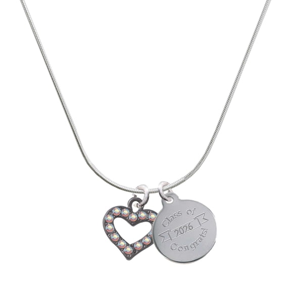 Delight Jewelry Black Nickeltone AB Crystal Open Heart - Silvertone Engraved Congrats Class of 2026 Charm Necklace, 18"