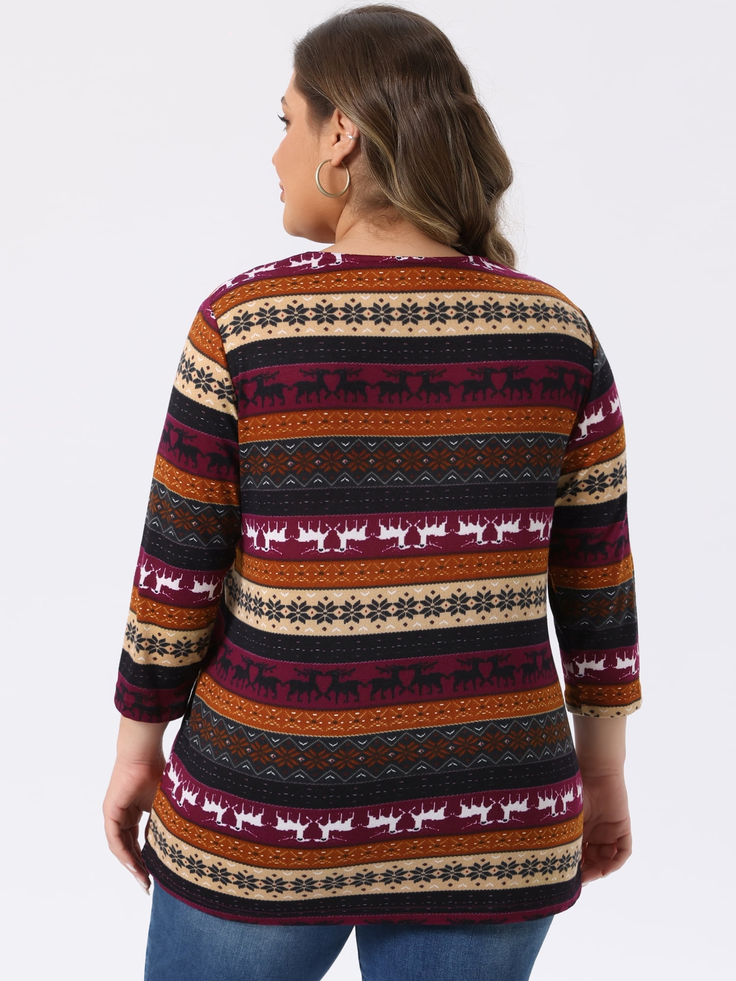 DARING DIVA Women's Plus Tunic Top V Neck Stripe Boho Knit Blouse 2X Burgundy Brown
