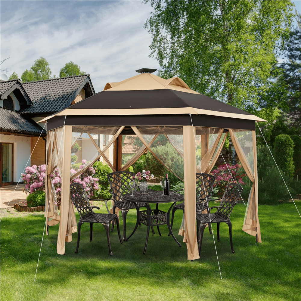 Renwick 13×13 Ft Hexagonal Pop Up Gazebo Tent with 25 Solar LED Lights, Khaki/Brown
