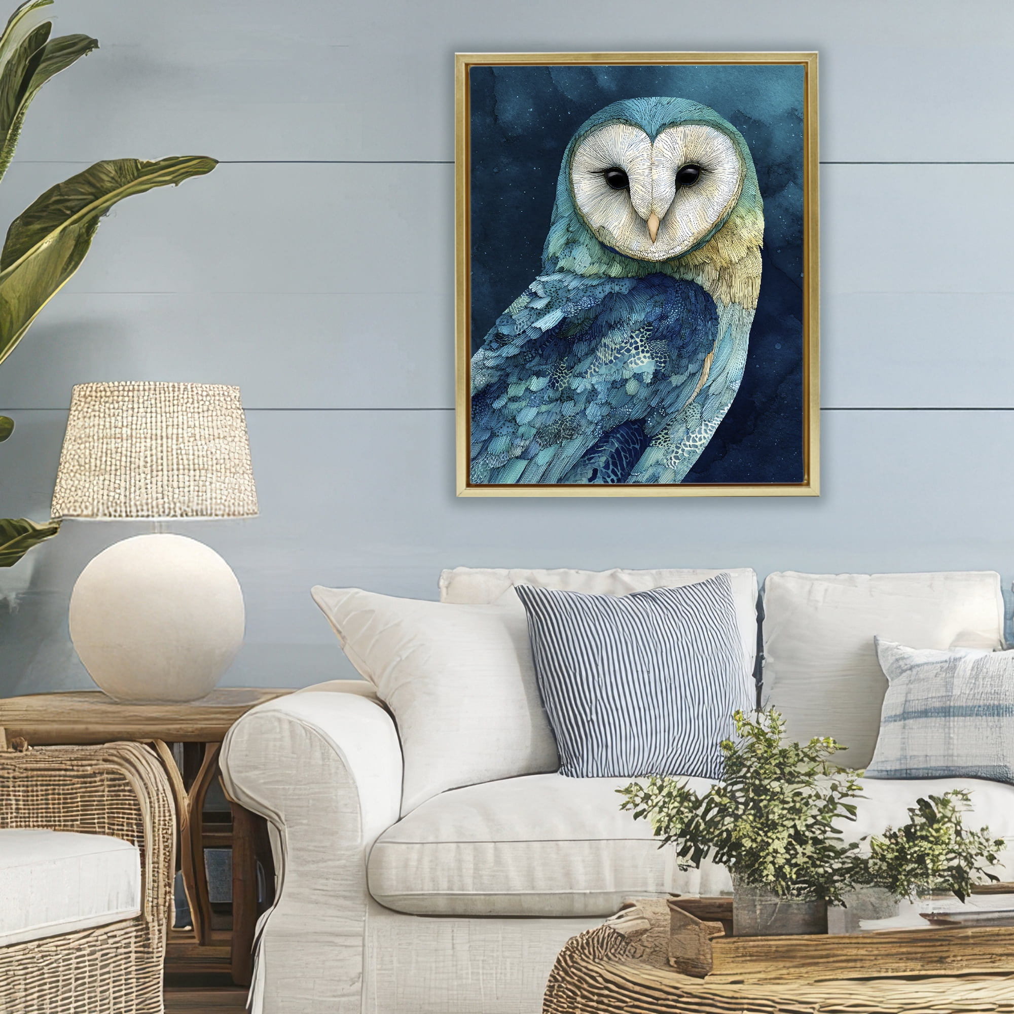 Stupell Industries Cerulean Blue Owl Gold Framed Floater Canvas Wall Art, design by Franklyn Gregory