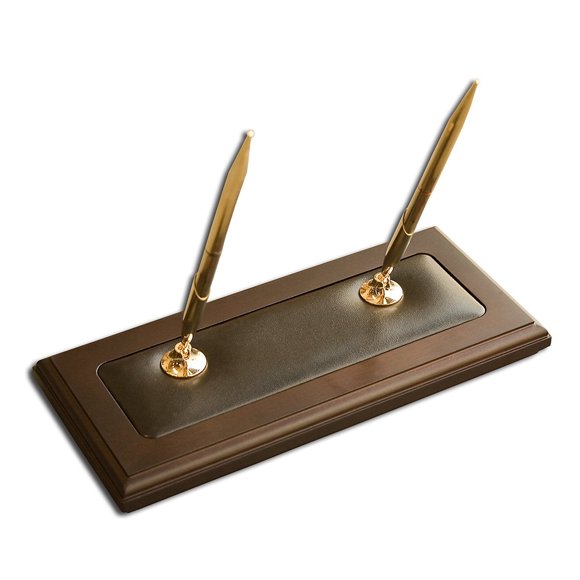 DACASSO Walnut & Leather Double Pen Holder - Luxury Pen Stand With Rolling Ball Pens - Elegant Pen Organizer & Executive Desk Decor - (3 Piece Set)