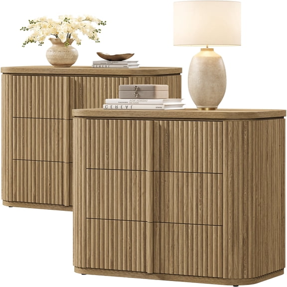 SICOTAS 31.2"W Fluted 3 Drawer Nightstand Set of 2, Modern Farmhouse Large Bedside Table with Solid Wood Handles & Slide Rail, Oversized End Table for Bedroom, Living Room, Brown