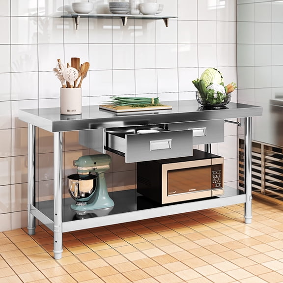 Dextrus Stainless Steel Table Prep with Paper Towel Holder, 2 Drawers & Shelf for Kitchen/Restaurant, Silver