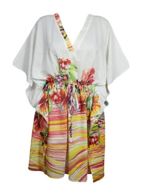 Mogul Women Cotton Floral Caftan Dress Cotton Kimono Sleeves Comfy Loose Kaftan Beach Cover Up Short Dresses 3X