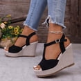 thumbnail image 3 of Rokment Womens Platform Wedge Dressy Sandals Stylish Casual Leopard Suede Peep Toe Ankle Strap Linen Chunky High Heels Gladiator Summer Dress Shoes Black Size 6.5, 3 of 6