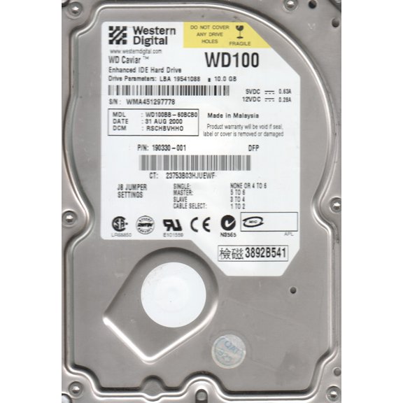 WD100BB-60BCB0, DCM RSCHBVHHO, Western Digital 10GB IDE 3.5 Hard Drive