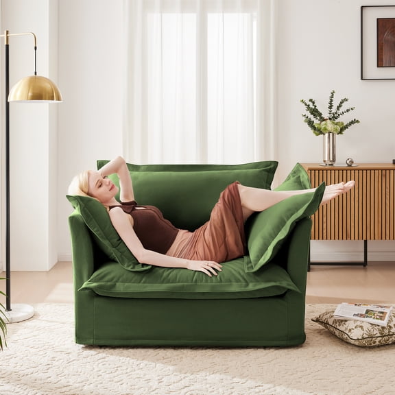 Armchair with Removable Chenille Fabric Slipcover, Deep Seat Single Couch Sofa with Large Back Cushion and 2 Toss Pillows, Sturdy Wood Frame, Green Upholstery for Living Room, 1 Seat